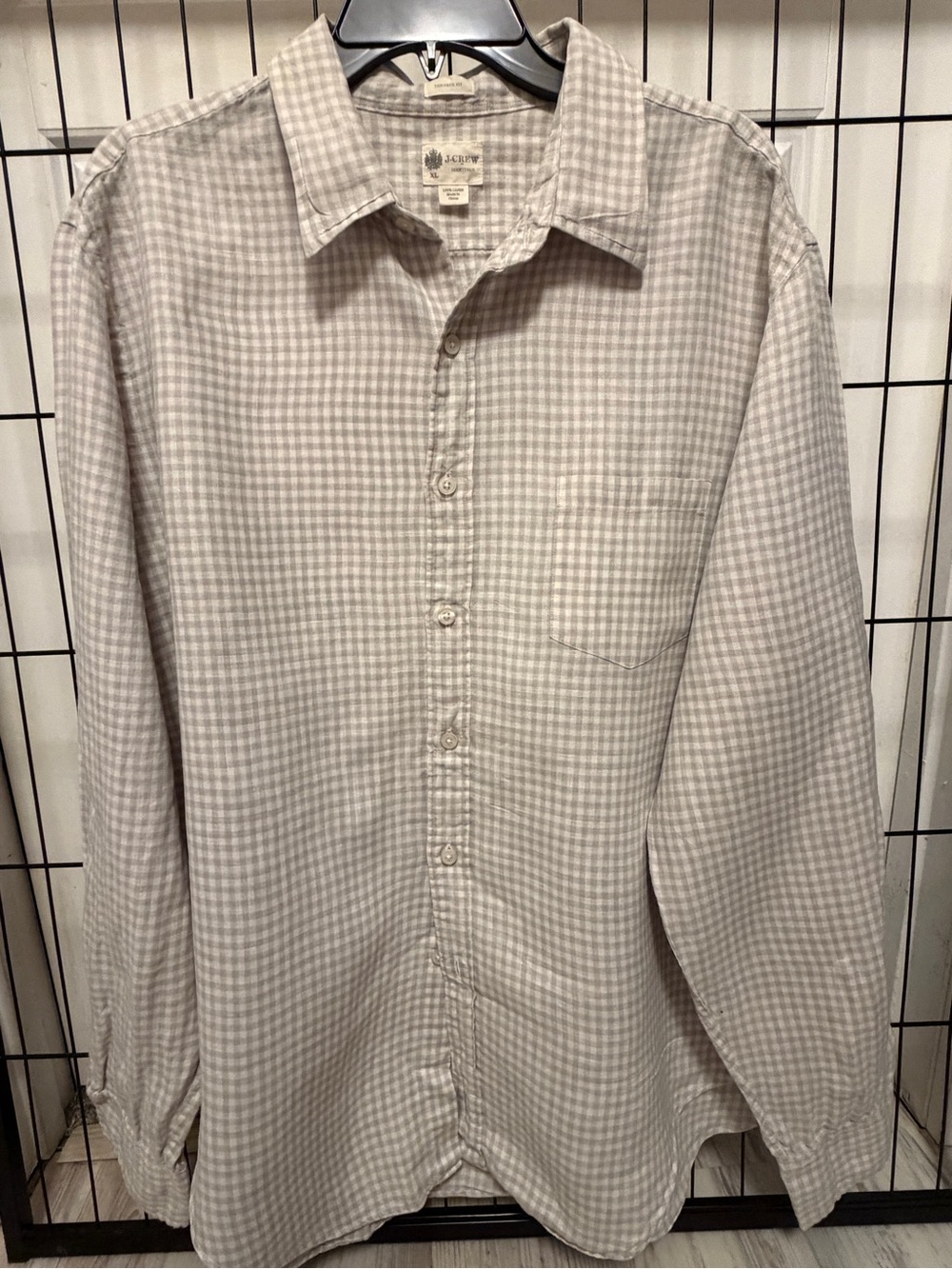 J. Crew Men's Light Beige Gingham Button-Down Shirt